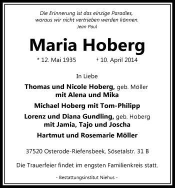 Todesanzeige von Maria Hoberg von HNA