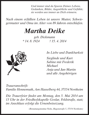 Todesanzeige von Martha Deike von HNA