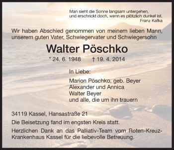 Todesanzeige von Walter Pöschko von HNA