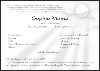 Todesanzeige von Sophie Mainz von HNA