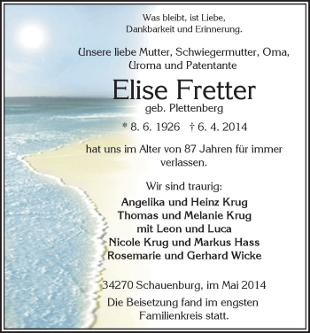 Todesanzeige von Elise Fretter von HNA