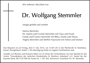 Todesanzeige von Wolfgang Stemmler von HNA