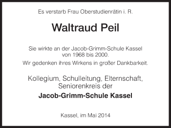 Todesanzeige von Waltraud Peil von HNA