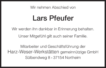 Todesanzeige von Lars Pfeufer von HNA