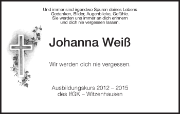 Todesanzeige von Johanna Weiß von HNA