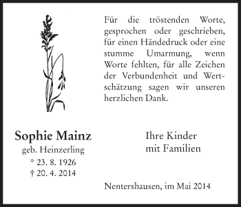Todesanzeige von Sophie Mainz von HNA
