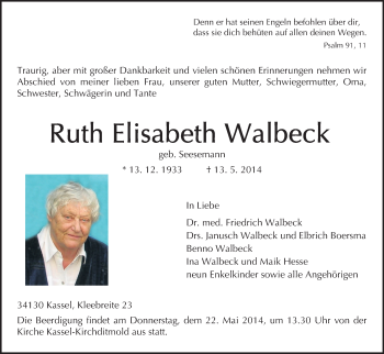 Todesanzeige von Ruth Elisabeth Walbeck von HNA