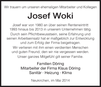 Todesanzeige von Josef Woki von HNA