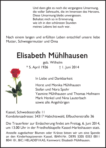 Todesanzeige von Elisabeth Muhlhausen von HNA