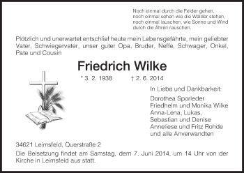 Todesanzeige von Friedrich Wilke von HNA