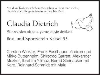 Todesanzeige von Claudia Dietrich von HNA