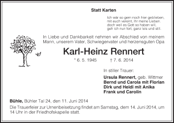 Todesanzeige von Karl-Heinz Rennert von HNA