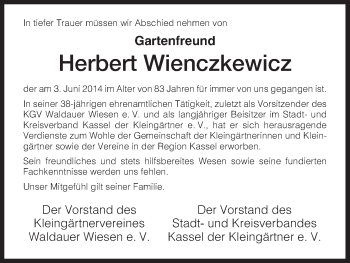 Todesanzeige von Herbert Wienczkewicz von HNA