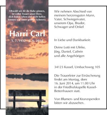 Todesanzeige von Harri Carl von HNA