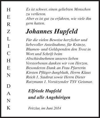 Todesanzeige von Johannes Hupfeld von HNA