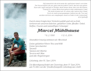 Todesanzeige von Marcel Mühlhause von HNA