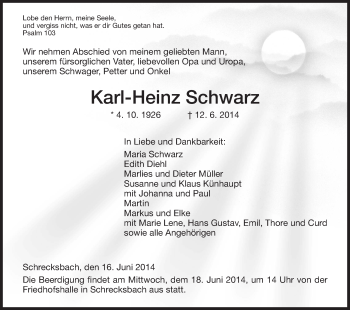 Todesanzeige von Karl-Heinz Schwarz von HNA