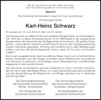 Todesanzeige von Karl-Heinz Schwarz von HNA
