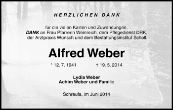Todesanzeige von Alfred Weber von HNA