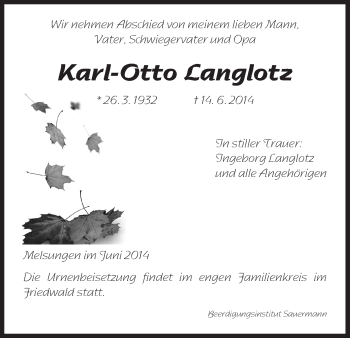 Todesanzeige von Karl-Otto Langlotz von HNA