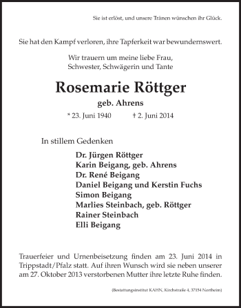 Todesanzeige von Rosemarie Röttger von HNA