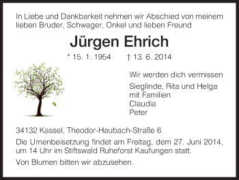 Todesanzeige von Jürgen Ehrich von HNA
