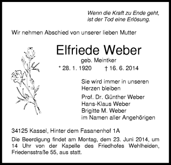 Todesanzeige von Elfriede Weber von HNA