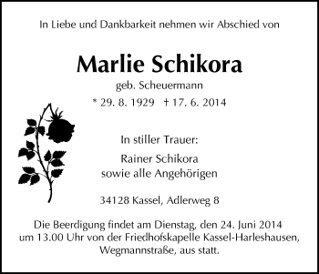 Todesanzeige von Marlie Schikora von HNA