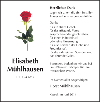 Todesanzeige von Elisabeth Mühlhausen von HNA
