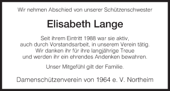 Todesanzeige von Elisabeth Lange von HNA