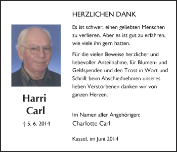 Todesanzeige von Harri Carl von HNA