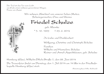 Todesanzeige von Fiedel Sckulze von HNA