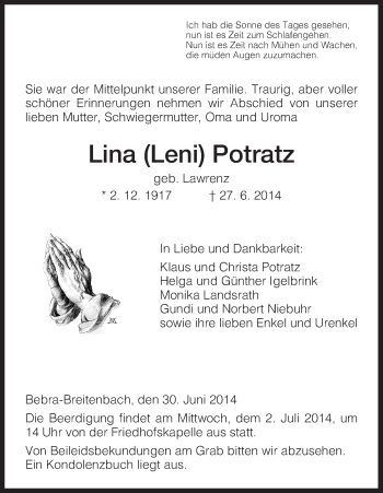 Todesanzeige von Lina Leni Potratz von HNA