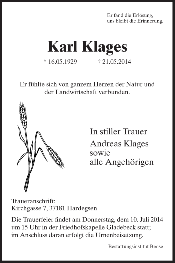 Todesanzeige von Karl Klages von HNA