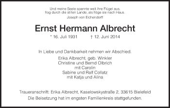 Todesanzeige von Ernst Hermann Albrecht von HNA
