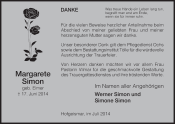 Todesanzeige von Margarete Simon von HNA