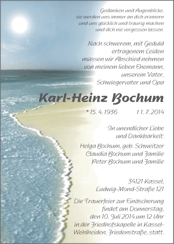 Todesanzeige von Karl-Heinz Bochum von HNA