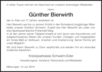 Todesanzeige von Günther Bierwirth von HNA