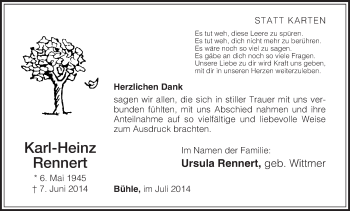 Todesanzeige von Karl-Heinz Rennert von HNA