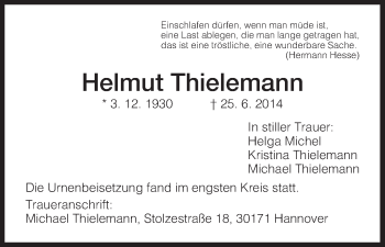 Todesanzeige von Helmut Thielemann von HNA