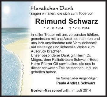 Todesanzeige von Reimund Schwarz von HNA
