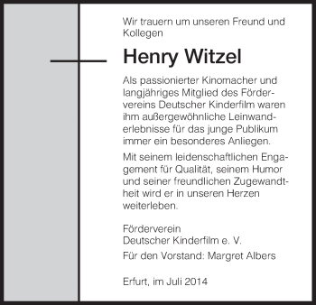 Todesanzeige von Henry Witzel von HNA