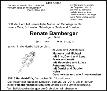 Todesanzeige von Renate Bamberger von HNA