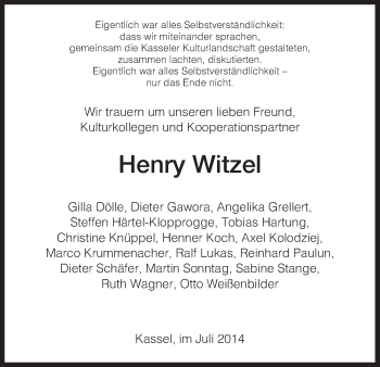 Todesanzeige von Henry Witzel von HNA