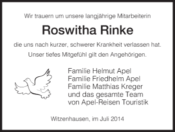 Todesanzeige von Roswitha Rinke von HNA