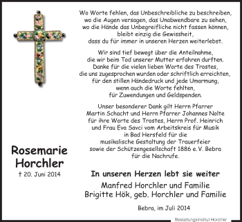 Todesanzeige von Rosemarie Horchler von HNA