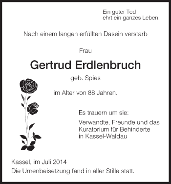 Todesanzeige von Gertrud Erdlenbruch von HNA