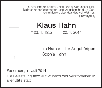 Todesanzeige von Klaus Hahn von HNA