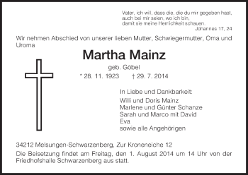 Todesanzeige von Martha Mainz von HNA