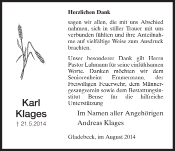 Todesanzeige von Karl Klages von HNA